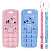 2PCS Baby Teether Toys, Silicone Baby Teething Toys Phone Shape with 2PCS Pacifi