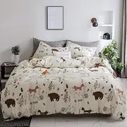Houseri Beige Bear Comforter Set Twin Size 3 Pieces Toddler Girls Boys Woodland Theme Cartoon Bedding Sets Ultra Comfy Fox Rabbit Forest Animal Print Breathable Soft Bed Quilt Blanket Twin Kids Gift