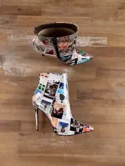 CHRISTIAN LOUBOUTIN So Kate white patent leather collage print ankle boots 9 39