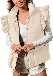 [ChiyeeKiss] Womens Corduroy Puffer Vest Ruffle Sleeve Winter Snap Button Coats Padded Gilet with Flap Pockets
