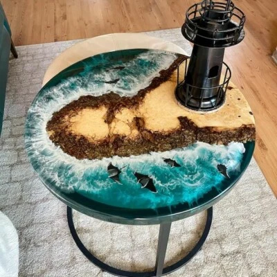 Ocean Beach Epoxy Table, Epoxy Resin Walnut Dining Table Center Table Home Decor