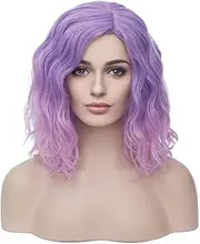 BERON 14" Women Girls Colored Short Curly Bob Wavy Purple Ombre Pink Shoulder Length Wig Body Wave Daily or Cosplay Hair Wigs