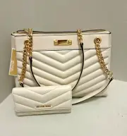 Michael Kors Whitney MD Chain Strap Shoulder Tote Bag+Trifold Wallet-Light Cream