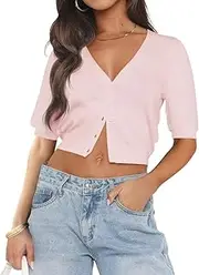 [LEEDYA] Summer Cardigans for Women Lightweight Short Sleeve Open Front Knit Cropped Sweaters V Neck Button Up Bolero Shrug Top
