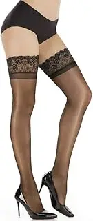[Generic] Thigh High Stockings with Peacock Lace Top, Shiny Sheer, Light Beige, Non-slip Silicone Band