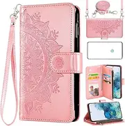 [Asuwish] Phone Case for Samsung Galaxy S20 Plus S20+ 5G Wallet Flip Cover with Tempered Glass Screen Protector and Mandala Flower Card Holder Cell S20+5G S20plus 20S + S2O S 20 20+ G5 Women Rose Gold