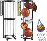 Ball Storage Rack with 4 Hooks&Wheels,100*30cm 2 Layers Garage Ball Storage with Small Balls Basket,Ball Holder with 1 Ball Net & 2 Inflation Needles for Basketball,Soccer,Baseball&Accessorries
