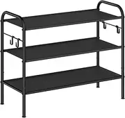 [SONGMICS] Shoe Rack, 3-Tier Shoe Organiser, Fabric Shoe Shelf Storage with 4 Hooks, Holds up to 12 Pairs of Shoes, Height-Adjustable Shoe Rack for Entryway, Hallway, Closet, Easy Assembly, Ink Black