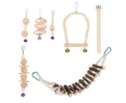 7PCS Bird Cage Toys Wood Swing Hanging Chewing Standing Toys with Bells