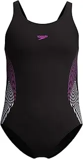 [Speedo] Girl's Placmement Muscleback One Piece Swimsuit, Black/Diva, 13-14