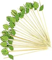 100PCS Green Leaf Cocktail Picks 4.7 Inch, Tropical Plam Leaf Fancy Toothpicks for Appetizers Handmade Bamboo Appetizer Fruit Skewers Food Picks for Summer Hawaiian Party Decoration (Leaf)