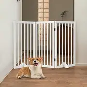 Petzly Foldable Dog Gate with Support Feet, Freestanding Pet Gate for Puppy Small Medium Dogs, Dog Fence for House Stairs Doorway Bedrooms, No Drill Pet Barrier, 3 Panels Fence - 141CM x 80CM