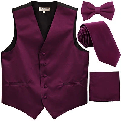 New Men's solid Tuxedo Vest Waistcoat & necktie & Bow tie & Hankie dark purple