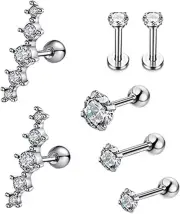7Pcs 16G Stainless Steel Cartilage CZ Stud Earrings for Women Girls Helix Tragus