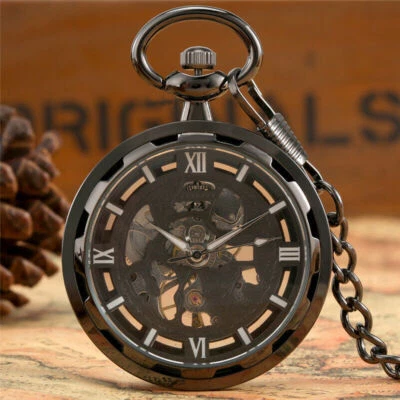 Steampunk Black Mechanical Hand Wind Pocket Watch for Men Skeleton FOB Chain