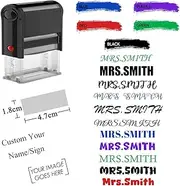 Custom Name Stamp 1.8x4.7cm, Personalized Signature Stamps Self-Inking, Checked by Teacher Seals Date Sign, Customize Design Logo Text, Up to 4 Lines, Black Purple Green Red Blue Ink