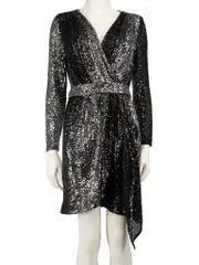 Black Sequin Mini Wrap Dress