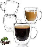 Double Walled Glass Coffee Mugs, Set of 4 Clear Glass Coffee Mugs with Handle, 350ML Glass Tea Cups, Smoothie Cup Insulated Coffee Mug for Latte, Cappuccinos, Hot/Cold Drink