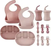 PandaEar 12PCS Silicone Baby Feeding Set | 2 Sectioned Baby Suction Plate, 2 Baby Bibs, 2 Toddler Cup, 4 Baby Spoons & 2 Baby Forks | Baby Led Weaning Supplies