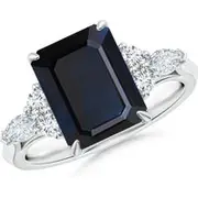 Emerald-Cut Blue Sapphire Side Stone Engagement Ring with Diamonds