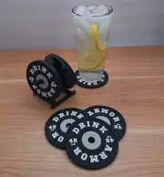 Weight Plate Coaster Set of 4 And Rack Holder - BLACK - Non Slip Drink Coasters
