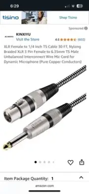 XLR (3-Pin) Female Plug Jack to 6.35 mm (1/4 in) Jack Male TS Microphone Cable