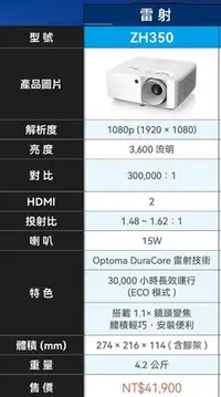 在飛比找Yahoo!奇摩拍賣優惠-行展國際(含稅價) 舊換新另有優惠 OPTOMA ZH350