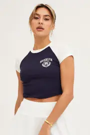 Blue Short Sleeve Embroidered Raglan Tee - Size M, Women's Graphic Tee