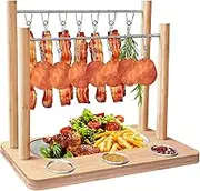 Bacon Display Rack, 2 Rows, Wooden Bacon Serving Dishes, Bacon Hanger Charcuterie Cheese Board with Stainless Steel Serving Tray (Set of 2)