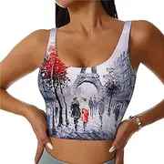 [EdWal] Paris City Tree Eiffel Tower Art Print Sports Bras for Women Seamless Sports Bra, Wirefree Padded Workout Yoga Gym Fitness Bra
