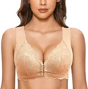 [LINGYUXUAN] Plus Size Front Closure Thin Bra for Seniors Sexy Lace Seamless Sleep Bralette Smooth Back Wireless Comfort Bras