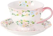 [ZLU STUDIO] Porcelain Coffee Mug Set, 7 oz Tea Cup and Saucer Set, Handmade Ceramic Espresso Cup, Teacup Set with Raised Glaze Floral Decoration for Women Party or Christmas Gifts Giving (1 Set, Pink)