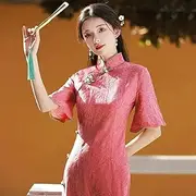 [JIMINISO] Chinese Style Pink Handmade Button Jacquard Cheongsam Dress Female Exquisite Banquet Evening Dresses Qipao