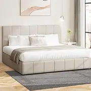 Oikiture King Bed Frame with Gas Lift and Storage Place Fabric Bed Base King Size