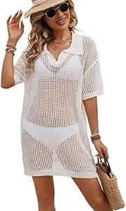 [Generic] Womens Crochet Mini Shirt Dress Boho Country Concert Outfits Casual Polo Short Sleeve Beach Cover Up Summer Fall