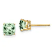 14k Yellow Gold 6mm Cushion Checker-Cut Green Quartz Earring