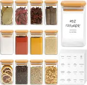 12Pcs Glass Spice Jars with Bamboo Lids - Airtight Set - 240ml Capacity