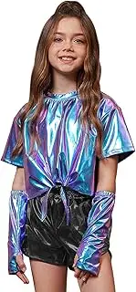 [Perfashion] Girls Metallic Shirts Shiny Tie Front Knot Crop Top with Arm Sleeves for Dancing Raves Festivals 4-15 Years