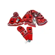 Old Navy girls s-m p-m Red Winter Knit Set Hat Mittens Scarf Nordic Pom-pom