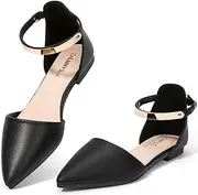 [Zelaprox] Women's Black Pointed Toe Flats Rhinestone Bow Ankle Strap Ballet Flats Comfortable Slip On Flats Light Weight Suede Dress Shoes