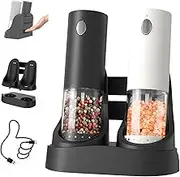 CIRCLE JOY Electric Rechargeable Salt and Pepper Grinder Set with 6 Levels External Adjustable Coarseness, 95 ML Large Capacity, Easy-to-Carry Dual Charging Base and White LED Light, Black & White