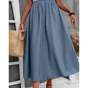 Women's Skirt Casual Midi Mid Rise Skirts Plain Ruched Pocket Micro-elastic Street Going out Blue Summer Polyester