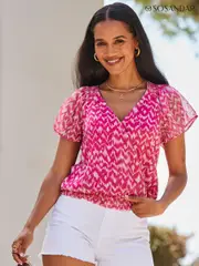 Sosandar Pink Metallic Geometric Print Shirred Hem Wrap Top (370058) | $104