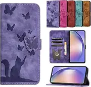Case for Google Pixel 8a, Unique Butterfly Cat Kickstand Shockproof Credit Card Slot Wallet Case Flip Cover Case for Google Pixel 8a-Purple