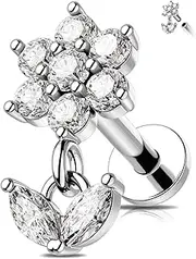 [OUFER] 16G Internal Helix Ring Flower Dangle Cartilage Stud Earring Stainless Steel 316L Conch Jewellery Cartilage Piercing 8 mm Clear CZ Vine Tragus Stud for Women Lobe Earring