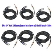 6-Pack 50ft XLR Quarter Stereo 1/4" DJs Cables to 3-Pin XLR Female Audio Cables