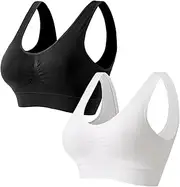 [TUONYIS] 2 Pack Sports Bras Women, Super Support Comfort Bra, Plus Size Sleep Bras Seamless Yoga Bra Stretch Crop Tops Vest with Removable Pads for Yoga Jogging Gym (Black,White)