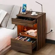 Open Shelf LED Nightstand with Charging Station Dark Walnut 2 Drawers Bedside Ta