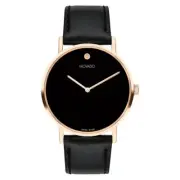 Movado Signature Quartz Rose Gold Case W/ Black Leather Band Men's Watch 0607742