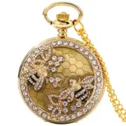Crystal Diamond Bee Flowers Gold Quartz Pocket Watch Necklace Chain FOB Watches
